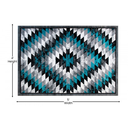 BLNK Teagan Collection Southwestern Style Olefin Area Rug with Jute Backing - Turquoise, 4'W x 5'L