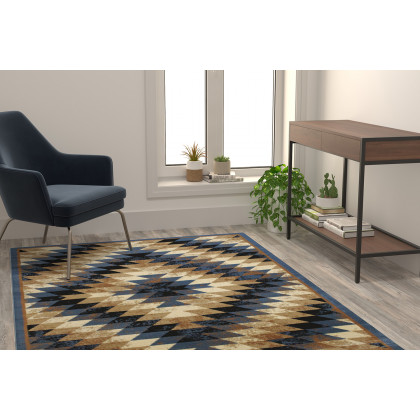 BLNK Teagan Collection Southwestern Style Olefin Area Rug with Jute Backing - Blue, 5'W x 7'L