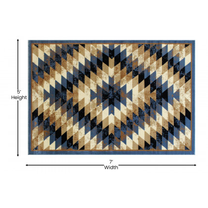 BLNK Teagan Collection Southwestern Style Olefin Area Rug with Jute Backing - Blue, 5'W x 7'L