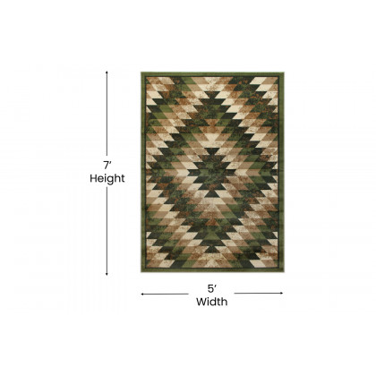 BLNK Teagan Collection Southwestern Style Olefin Area Rug with Jute Backing - Green, 5'W x 7'L