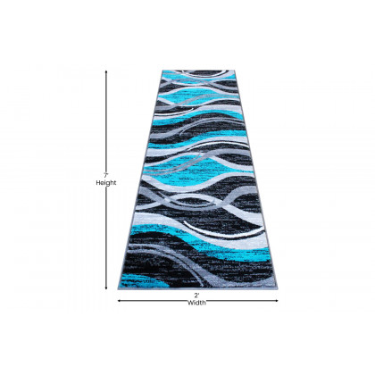 BLNK Wisp Collection Olefin Rippled Area Rug with Jute Backing - Turquoise, 2'W x 7'L