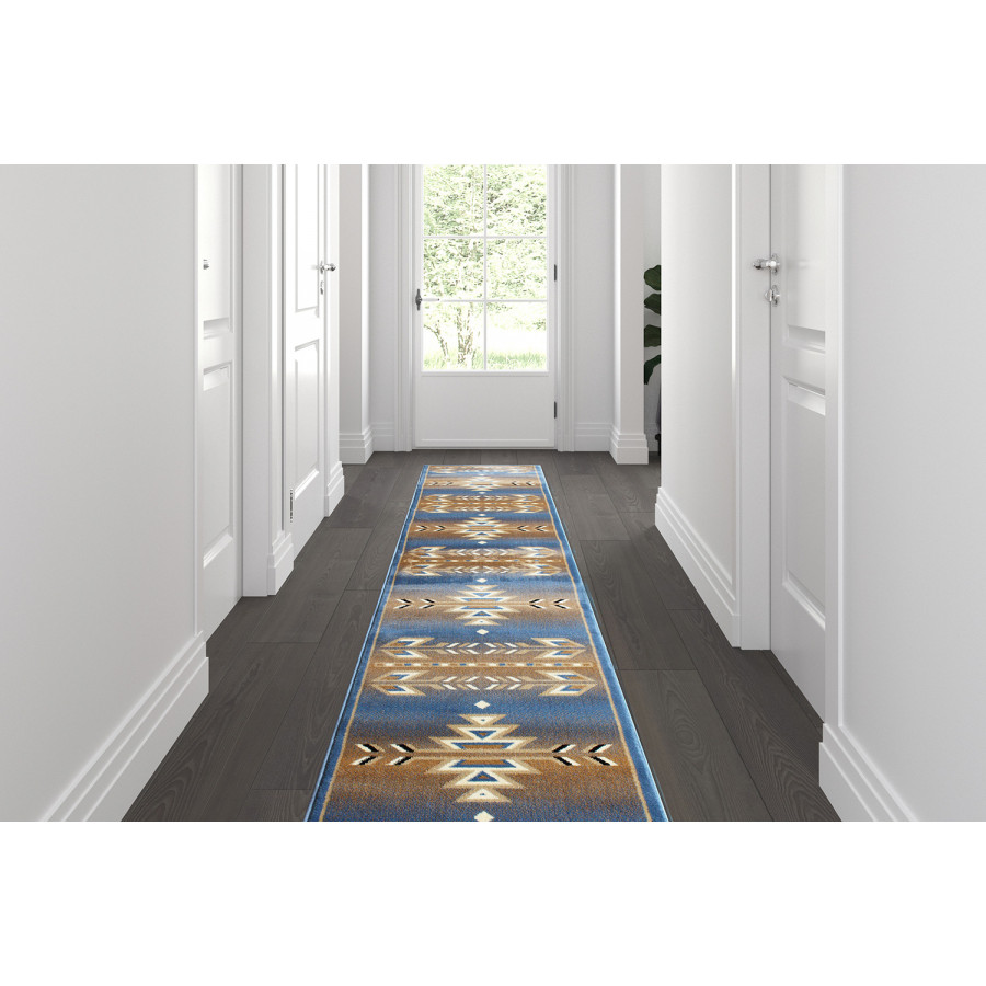 BLNK Lodi Collection Southwestern Style Olefin Area Rug with Jute Backing - Blue, 2'W x 11'L