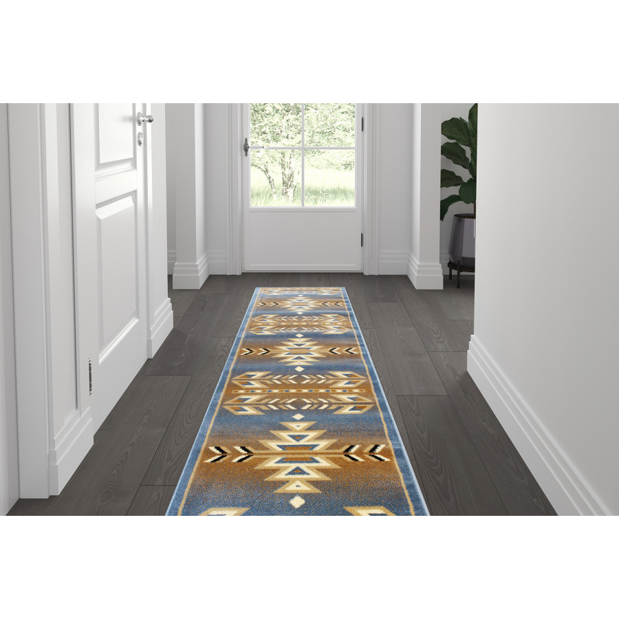 BLNK Lodi Collection Southwestern Style Olefin Area Rug with Jute Backing - Blue, 2'W x 7'L