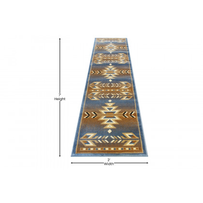 BLNK Lodi Collection Southwestern Style Olefin Area Rug with Jute Backing - Blue, 2'W x 7'L