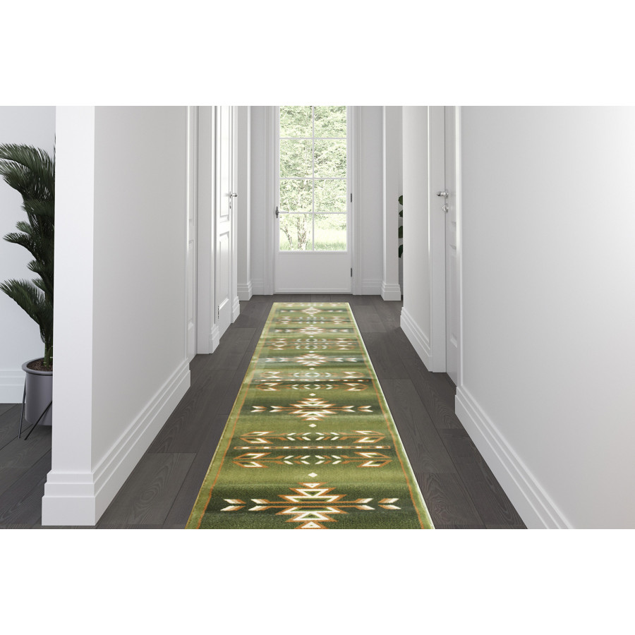 BLNK Lodi Collection Southwestern Style Olefin Area Rug with Jute Backing - Green, 3'W x 16'L