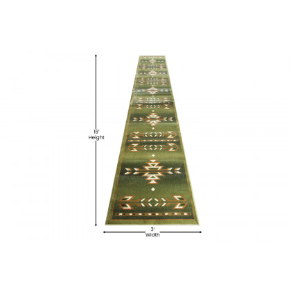 BLNK Lodi Collection Southwestern Style Olefin Area Rug with Jute Backing - Green, 3'W x 16'L