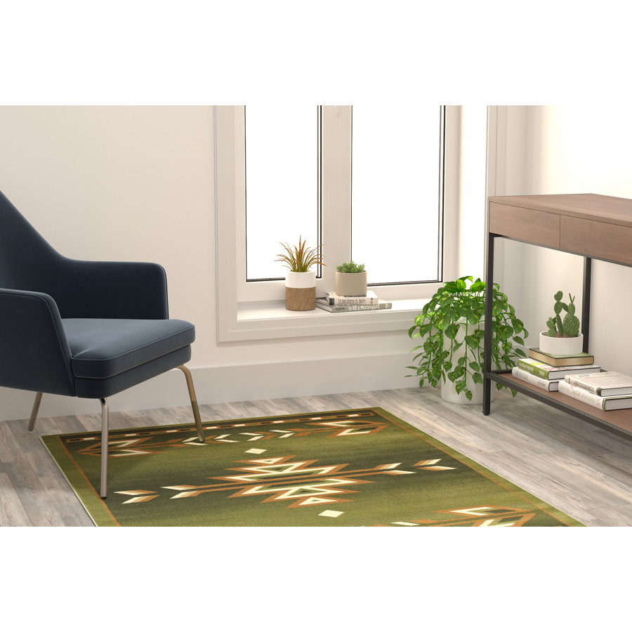 BLNK Lodi Collection Southwestern Style Olefin Area Rug with Jute Backing - Green, 4'W x 5'L