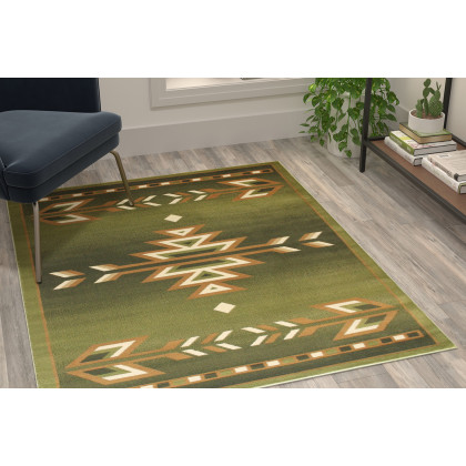 BLNK Lodi Collection Southwestern Style Olefin Area Rug with Jute Backing - Green, 4'W x 5'L