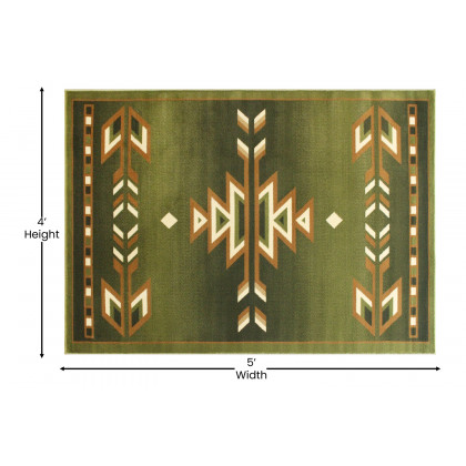 BLNK Lodi Collection Southwestern Style Olefin Area Rug with Jute Backing - Green, 4'W x 5'L