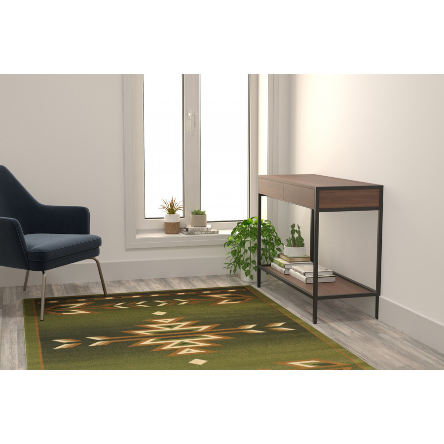 BLNK Lodi Collection Southwestern Style Olefin Area Rug with Jute Backing - Green, 5'W x 7'L