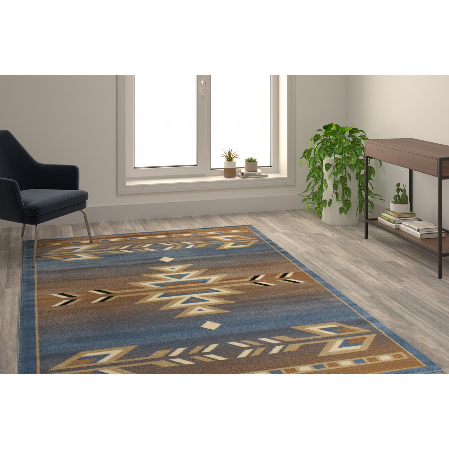 BLNK Lodi Collection Southwestern Style Olefin Area Rug with Jute Backing - Blue, 6'W x 9'L