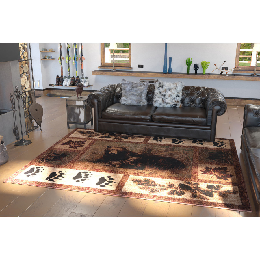 BLNK Vassa Collection Olefin Mother Bear and Cubs Nature Themed Area Rug with Jute Backing - 8'W x 10'L