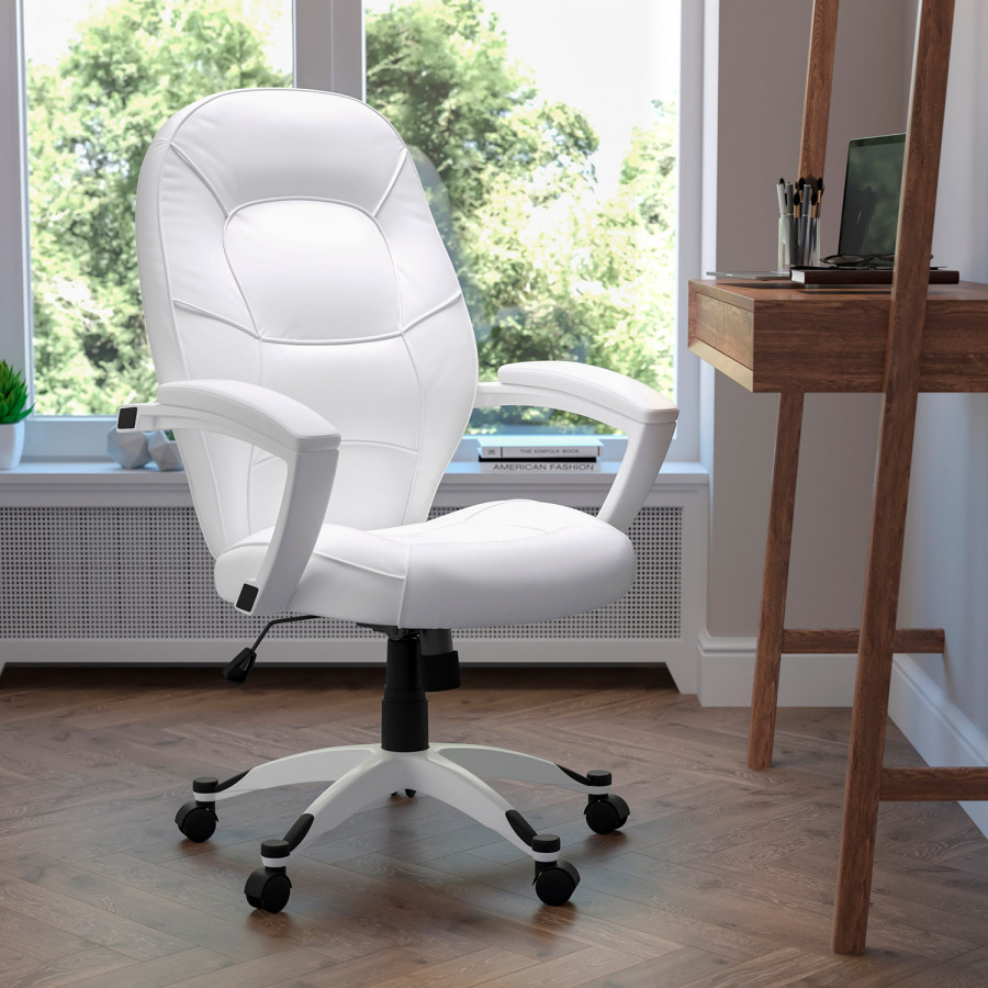 BLNK - Quincey LeatherSoft Mid-Back Tapered Back Executive Swivel Office Chair with White Base and Arms