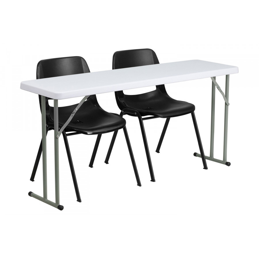 BLNK - Plastic Folding Training Table Set with 2 Black Plastic Stack Chairs