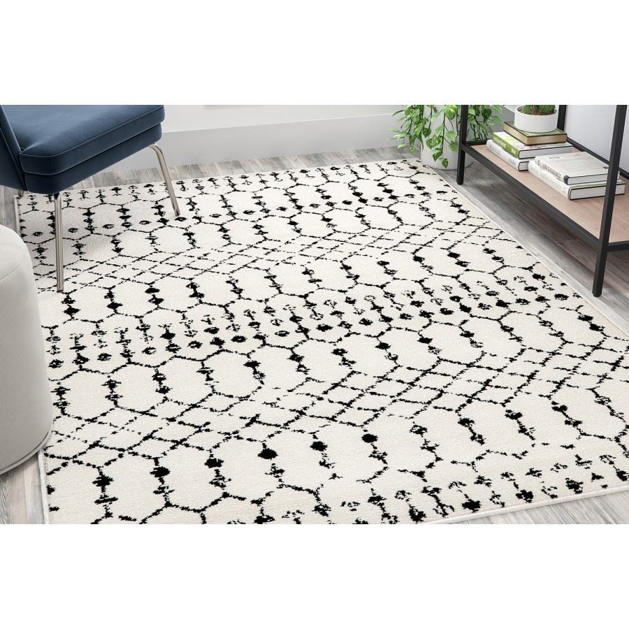BLNK Beth Geometric Bohemian Low Pile Rug - Ivory/Black, 5'W x 7'L