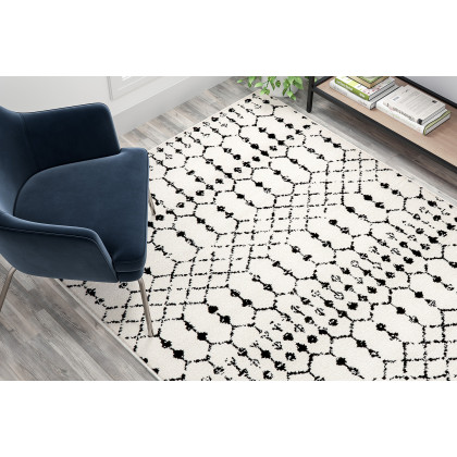 BLNK Beth Geometric Bohemian Low Pile Rug - Ivory/Black, 5'W x 7'L
