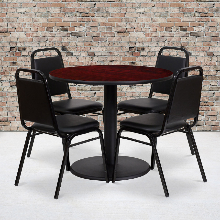 BLNK Jamie Round Laminate Table Set with Round Base and 4 Black Trapezoidal Back Banquet Chairs - Mahogany