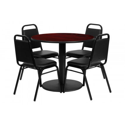 BLNK Jamie Round Laminate Table Set with Round Base and 4 Black Trapezoidal Back Banquet Chairs - Mahogany