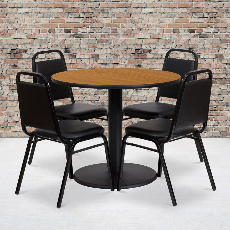 BLNK Jamie Round Laminate Table Set with Round Base and 4 Black Trapezoidal Back Banquet Chairs - Natural