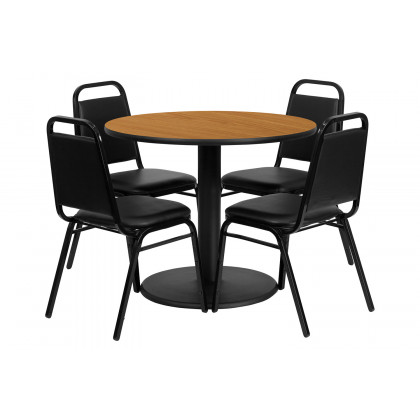 BLNK Jamie Round Laminate Table Set with Round Base and 4 Black Trapezoidal Back Banquet Chairs - Natural