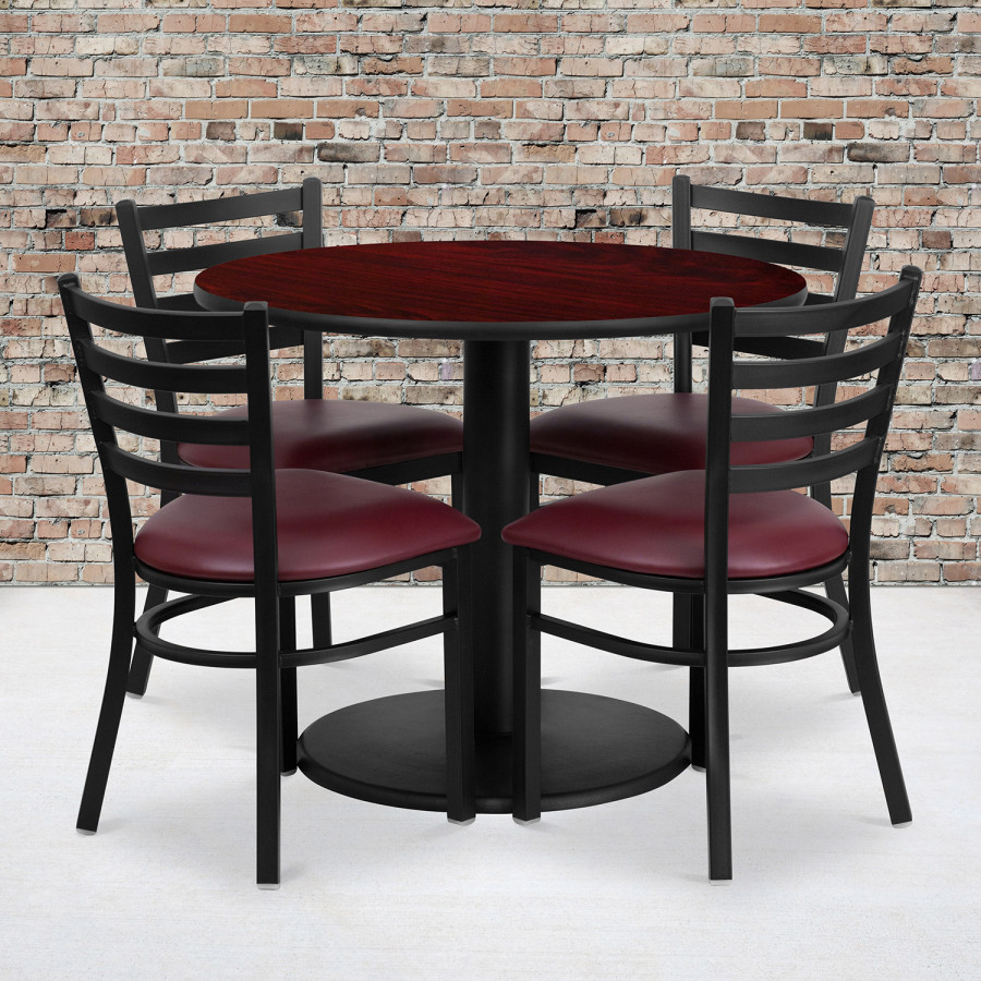 BLNK Jamie Round Mahogany Laminate Table Set with Round Base and 4 Ladder Back Metal Chairs with Vinyl Seat - Burgundy