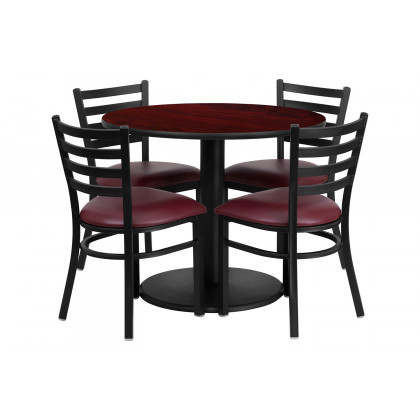 BLNK Jamie Round Mahogany Laminate Table Set with Round Base and 4 Ladder Back Metal Chairs with Vinyl Seat - Burgundy
