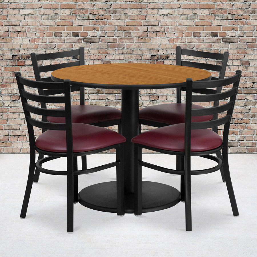 BLNK Jamie Round Natural Laminate Table Set with Round Base and 4 Ladder Back Metal Chairs with Vinyl Seat - Burgundy