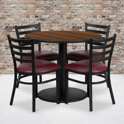 BLNK - Jamie Round Walnut Laminate Table Set with Round Base and 4 Ladder Back Metal Chairs with Vinyl Seat