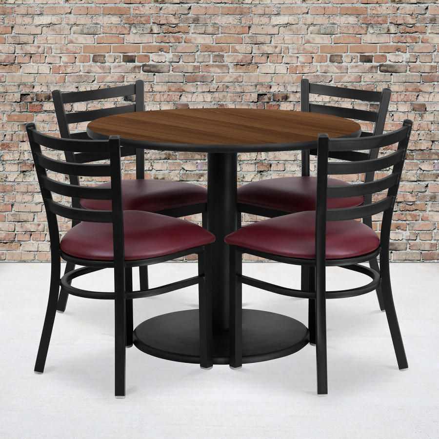 BLNK Jamie Round Walnut Laminate Table Set with Round Base and 4 Ladder Back Metal Chairs with Vinyl Seat - Burgundy