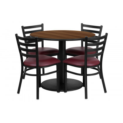BLNK Jamie Round Walnut Laminate Table Set with Round Base and 4 Ladder Back Metal Chairs with Vinyl Seat - Burgundy
