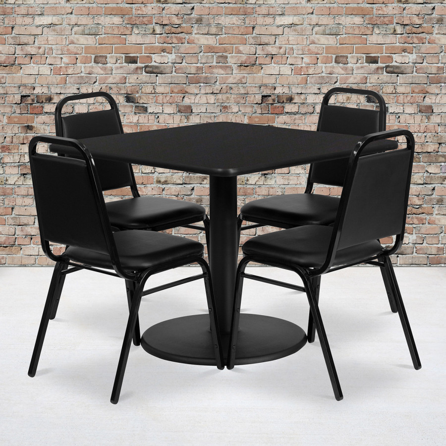 BLNK Jamie Square Laminate Table Set with Round Base and 4 Black Trapezoidal Back Banquet Chairs - Black