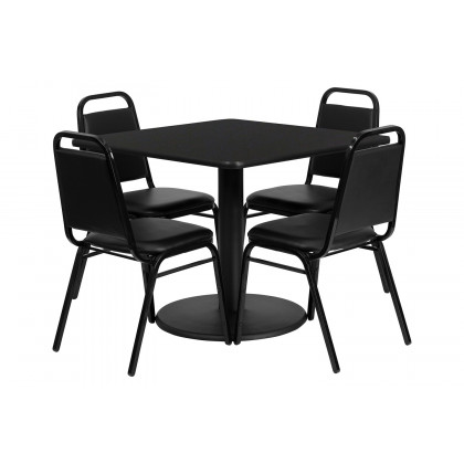 BLNK Jamie Square Laminate Table Set with Round Base and 4 Black Trapezoidal Back Banquet Chairs - Black
