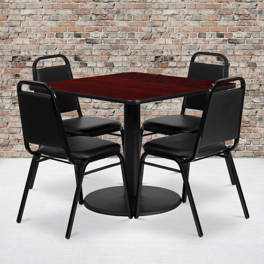 BLNK Jamie Square Laminate Table Set with Round Base and 4 Black Trapezoidal Back Banquet Chairs - Mahogany