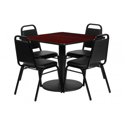 BLNK Jamie Square Laminate Table Set with Round Base and 4 Black Trapezoidal Back Banquet Chairs - Mahogany