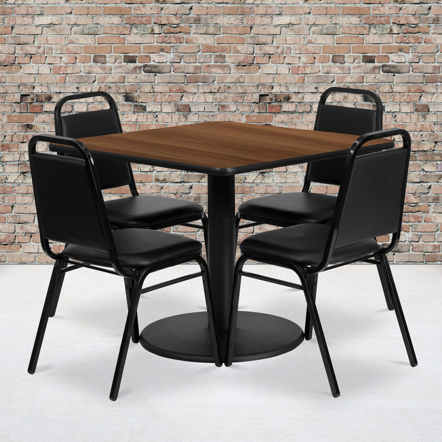 BLNK Jamie Square Laminate Table Set with Round Base and 4 Black Trapezoidal Back Banquet Chairs - Walnut