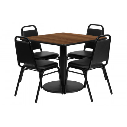 BLNK Jamie Square Laminate Table Set with Round Base and 4 Black Trapezoidal Back Banquet Chairs - Walnut