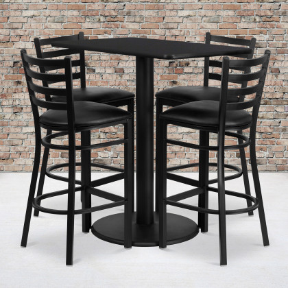BLNK - Jamie Rectangular Laminate Table Set with 4 Ladder Back Metal Bar Stools with Black Vinyl Seat