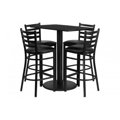 BLNK Jamie Rectangular Laminate Table Set with 4 Ladder Back Metal Bar Stools with Black Vinyl Seat - Black