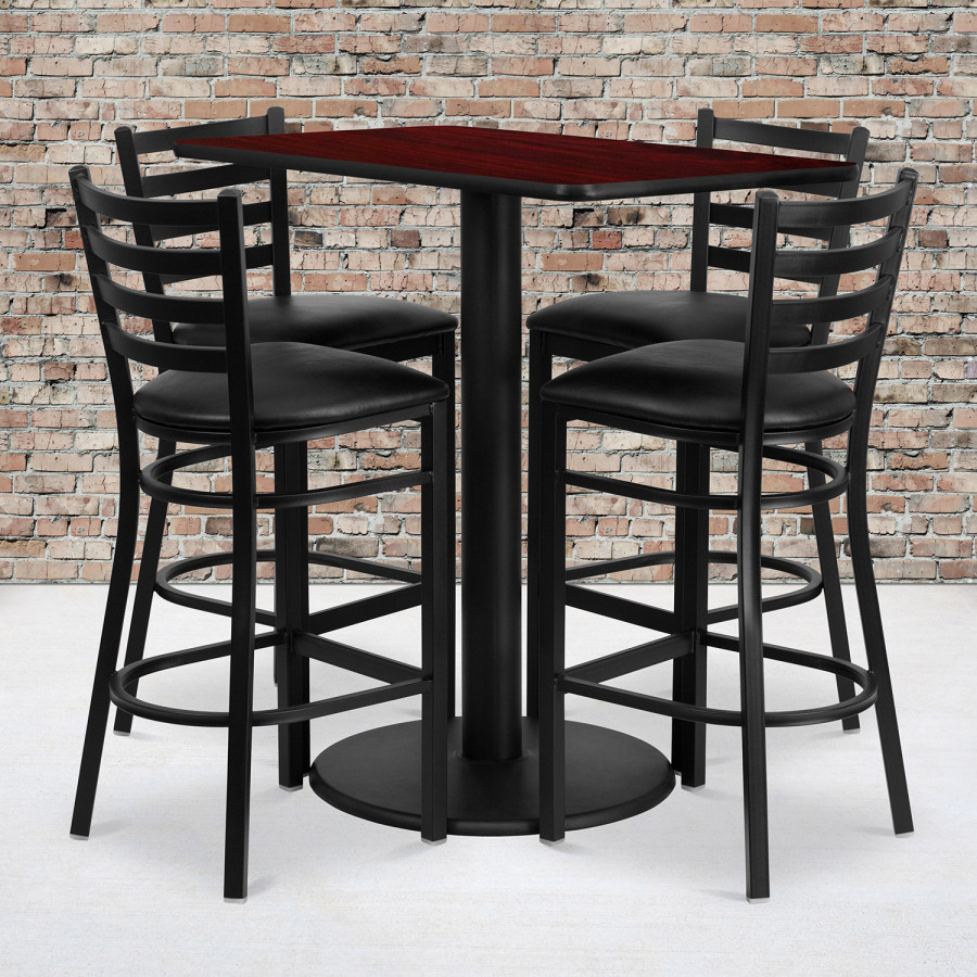 BLNK - Jamie Rectangular Laminate Table Set with 4 Ladder Back Metal Bar Stools with Black Vinyl Seat