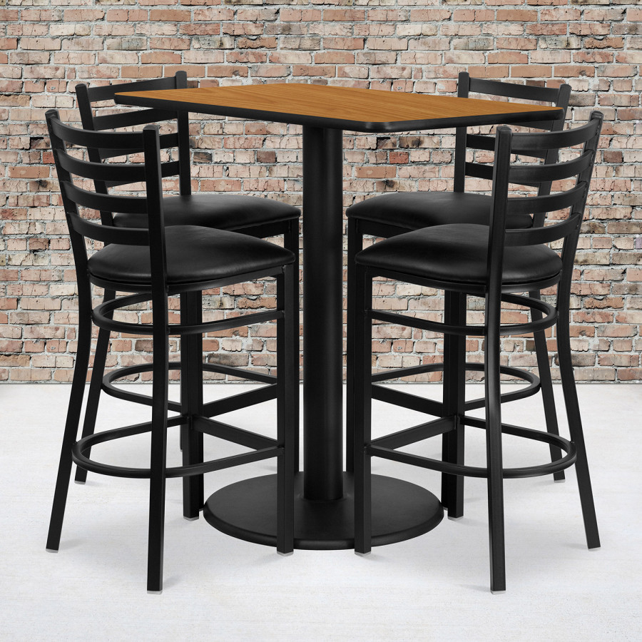 BLNK Jamie Rectangular Laminate Table Set with 4 Ladder Back Metal Bar Stools with Black Vinyl Seat - Natural