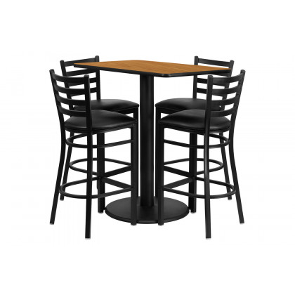 BLNK Jamie Rectangular Laminate Table Set with 4 Ladder Back Metal Bar Stools with Black Vinyl Seat - Natural
