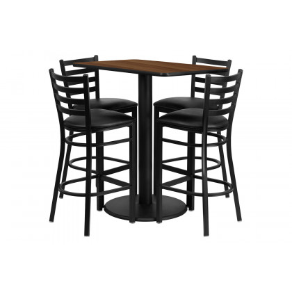 BLNK Jamie Rectangular Laminate Table Set with 4 Ladder Back Metal Bar Stools with Black Vinyl Seat - Walnut