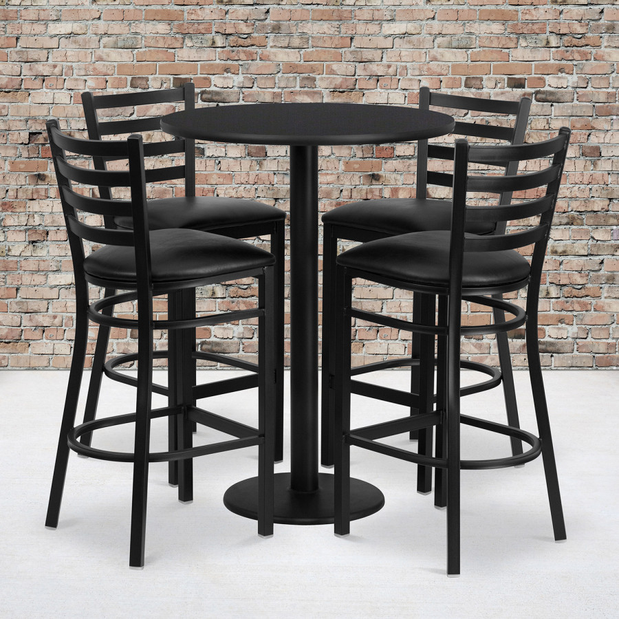 BLNK Jamie Round Laminate Table Set with Round Base and 4 Ladder Back Metal Bar Stools with Black Vinyl Seat - Black