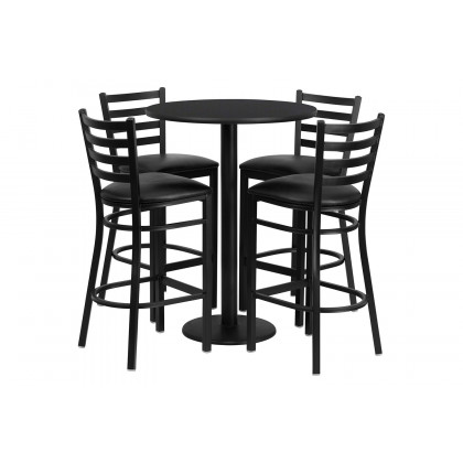 BLNK Jamie Round Laminate Table Set with Round Base and 4 Ladder Back Metal Bar Stools with Black Vinyl Seat - Black