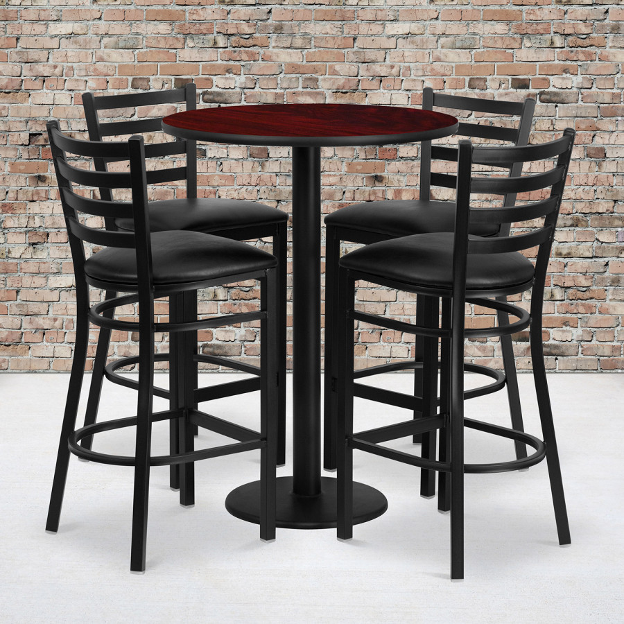 BLNK Jamie Round Laminate Table Set with Round Base and 4 Ladder Back Metal Bar Stools with Black Vinyl Seat - Mahogany