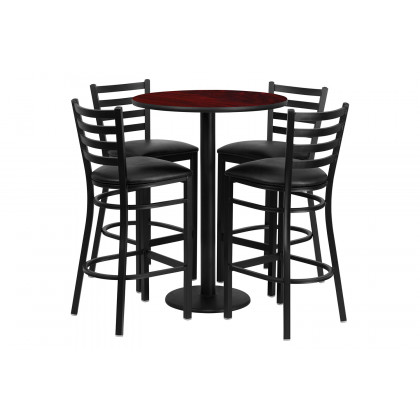 BLNK Jamie Round Laminate Table Set with Round Base and 4 Ladder Back Metal Bar Stools with Black Vinyl Seat - Mahogany