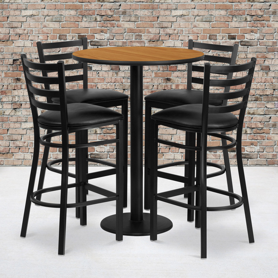 BLNK Jamie Round Laminate Table Set with Round Base and 4 Ladder Back Metal Bar Stools with Black Vinyl Seat - Natural