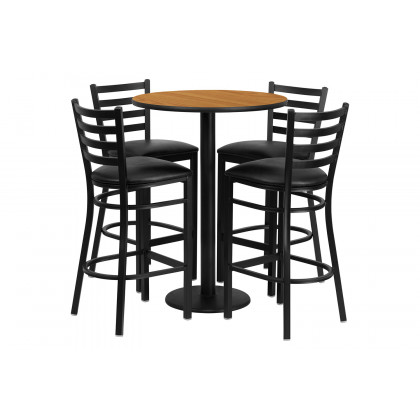 BLNK Jamie Round Laminate Table Set with Round Base and 4 Ladder Back Metal Bar Stools with Black Vinyl Seat - Natural