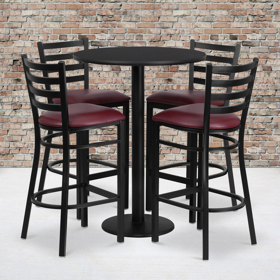 BLNK Jamie Round Laminate Table Set with Round Base and 4 Ladder Back Metal Bar Stools with Burgundy Vinyl Seat - Black