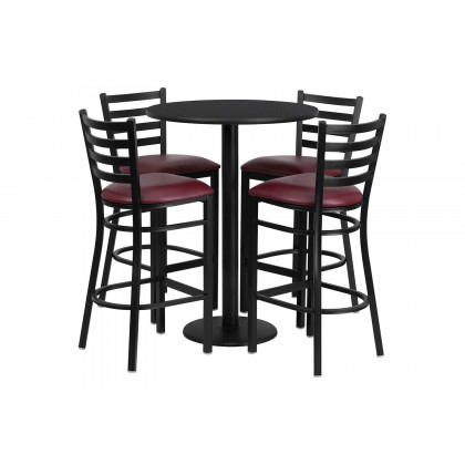 BLNK Jamie Round Laminate Table Set with Round Base and 4 Ladder Back Metal Bar Stools with Burgundy Vinyl Seat - Black